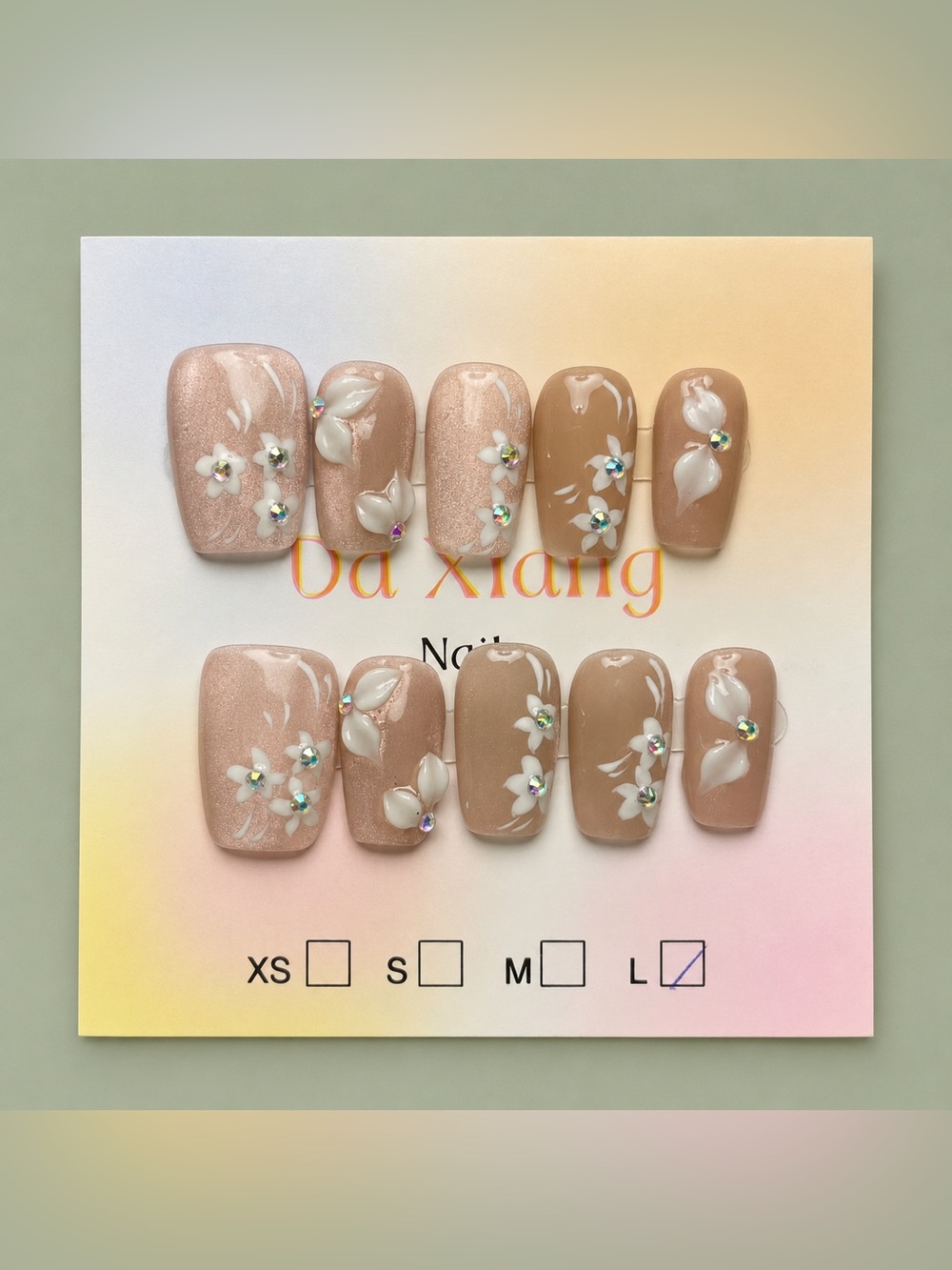 NEW Champagne Shimmer 3D Floral Press-On Nails | Glossy | Short Square | Large